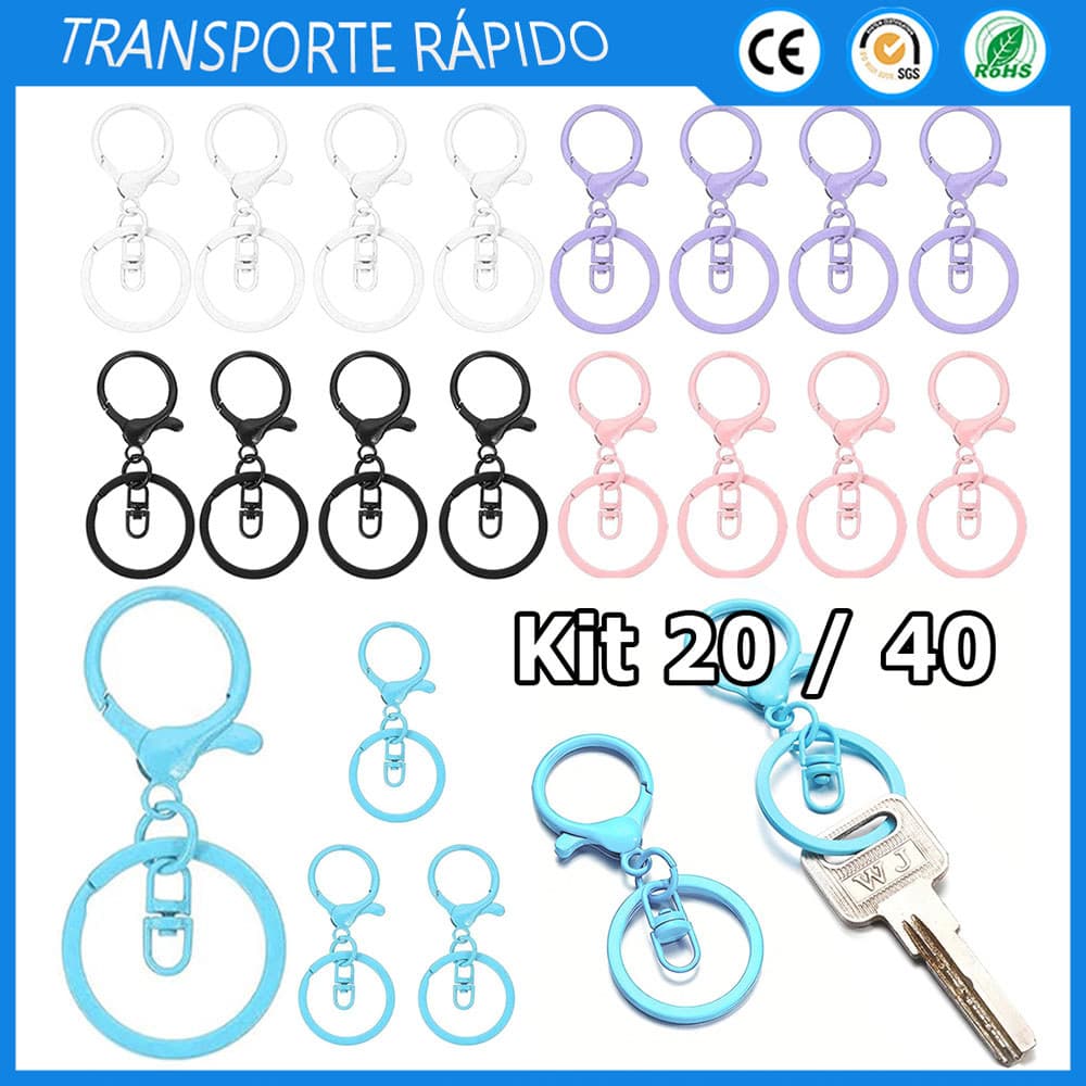 Kit 20/40 Fecho tipo lagosta de metal chaveiro com argola plana dividida adequado para confecção de joias artesanais DIY