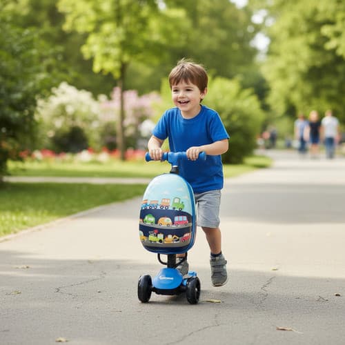 Patinete Elétrico Infantil 3 Rodas com Mala Azul Luz Freio no Pé Ideal para Crianças Certificado Inmetro