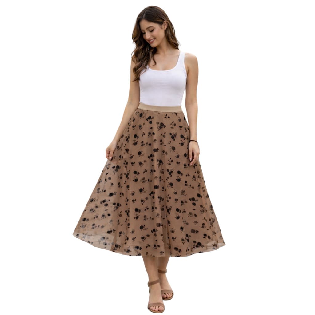 Saia Feminina Midi em Tule Floral com Forro e Cintura Alta