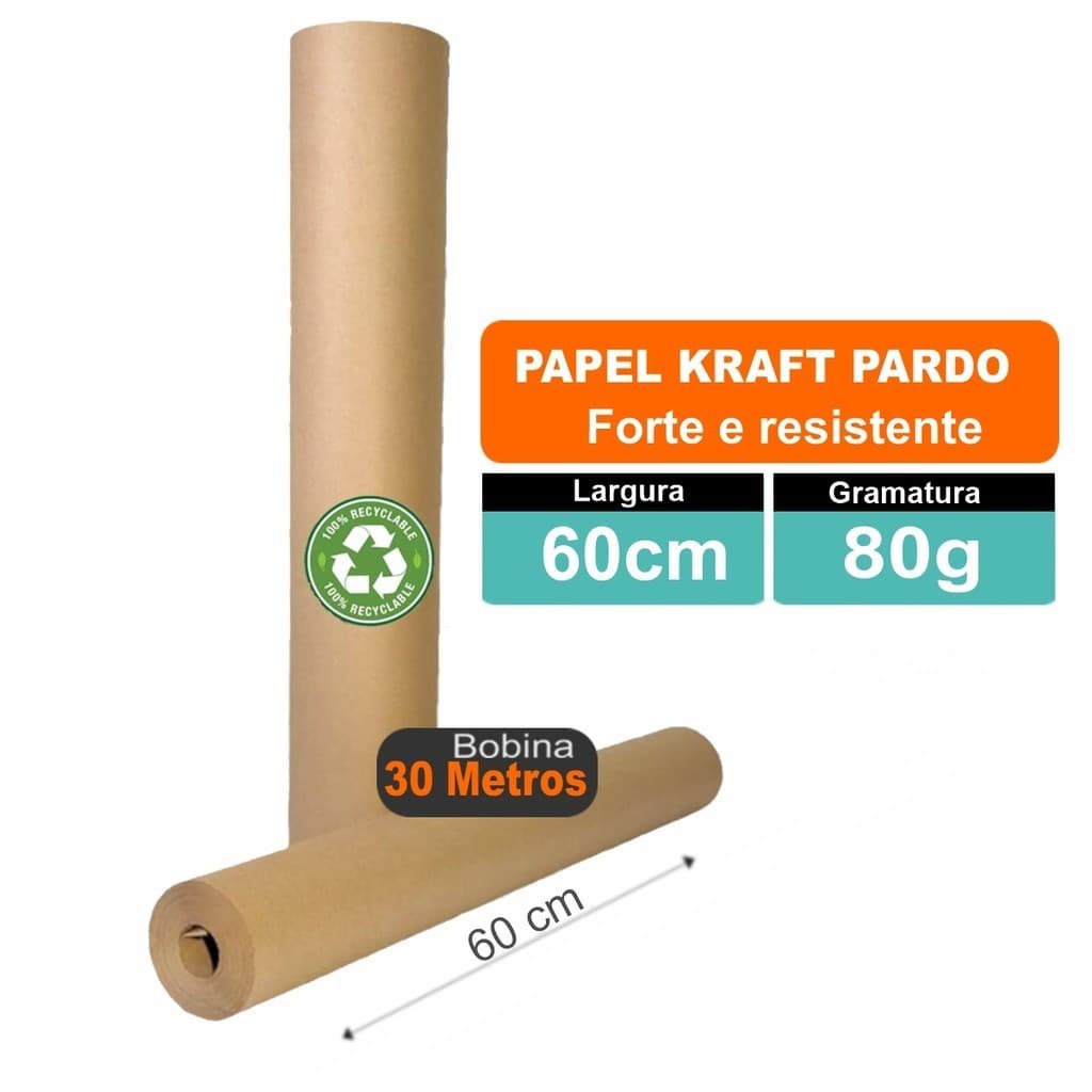 Papel Kraft Bobina 80g Rolo 60cm x 30 Metros Embalagem Caixas Moldes Artes Enfeites