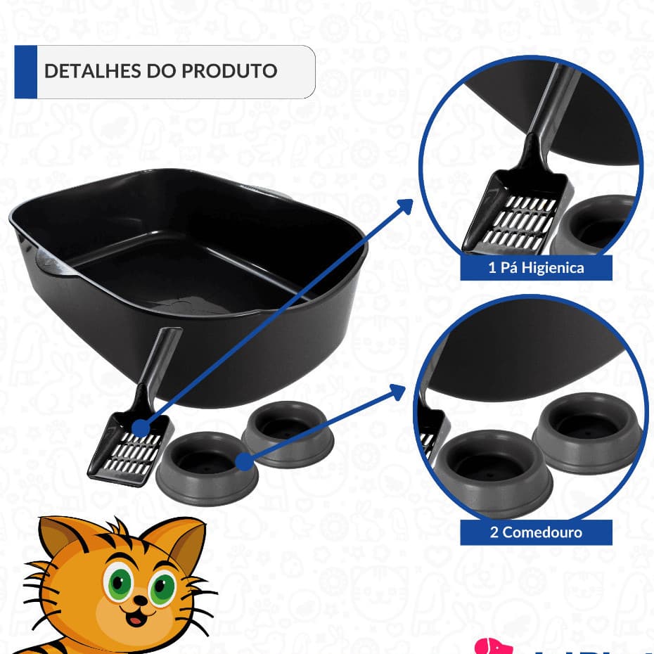 Caixa de Areia Grande Para Gatos Pet Banheiro Sanitario Pá higienica e Comedouro Jel Plast