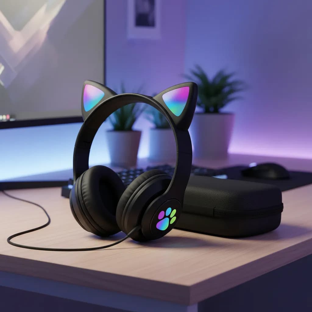 Fone De Ouvido Gatinho Led Rgb Sem Fio Orelha Gato Bluetooth