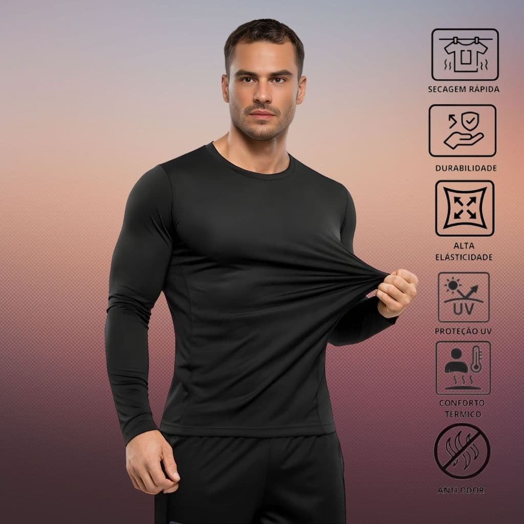 Camisa Térmica Proteção UV 50+ Premium Segunda Pele Camiseta Blusa Malha Fria Manga Longa Academia