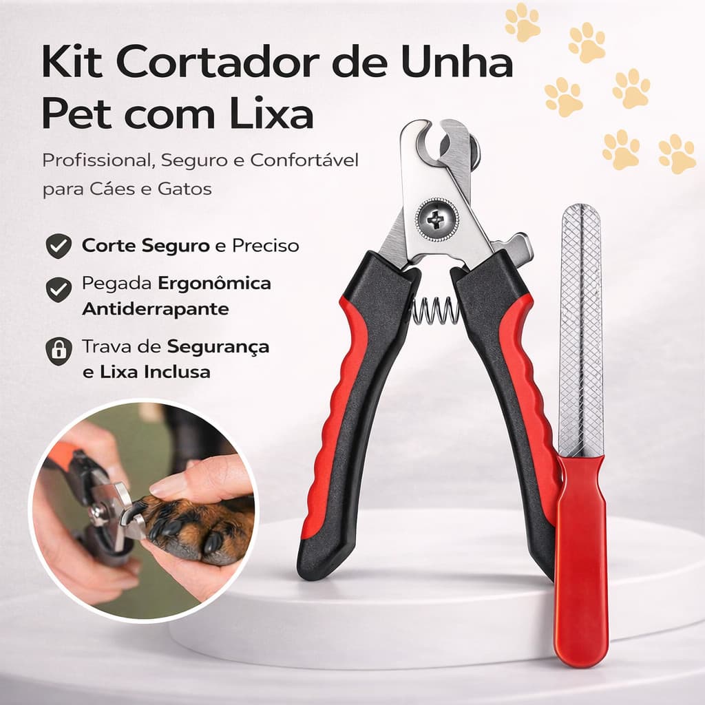 Kit Cortador de Unha Pet para Cães e Gatos com Lixa Profissional Trava de Segurança Premium