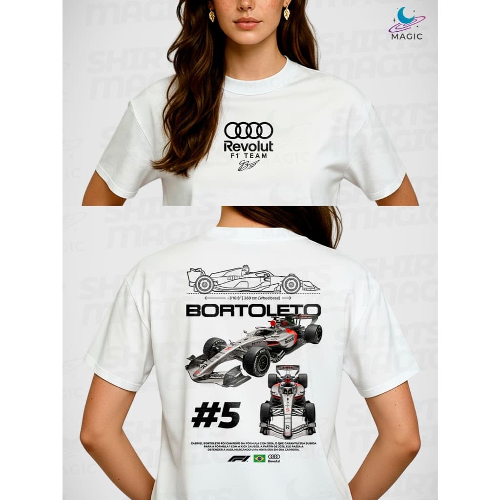 Camiseta F1 Bortoleto #5 Two Cars Audi 2026 100% Algodão Unissex