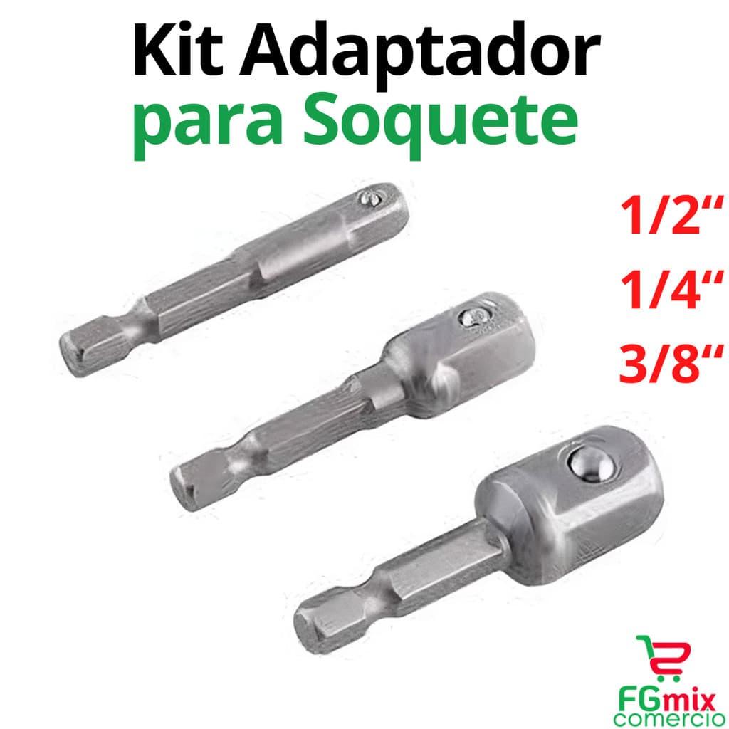 Jogo Adaptador Soquete Parafusadeira Furadeira Kit 3 adaptadores 1/4 - 3/8 - 1/2 de Canhão Ponteira