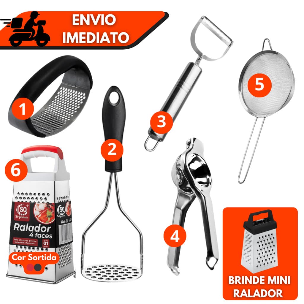 Kit 2/3/4/5/6 Peças - Amassador Batata/Amassador de Alho/Espremedor de Limão/Desc. de legumes/Ralador e  Peneira