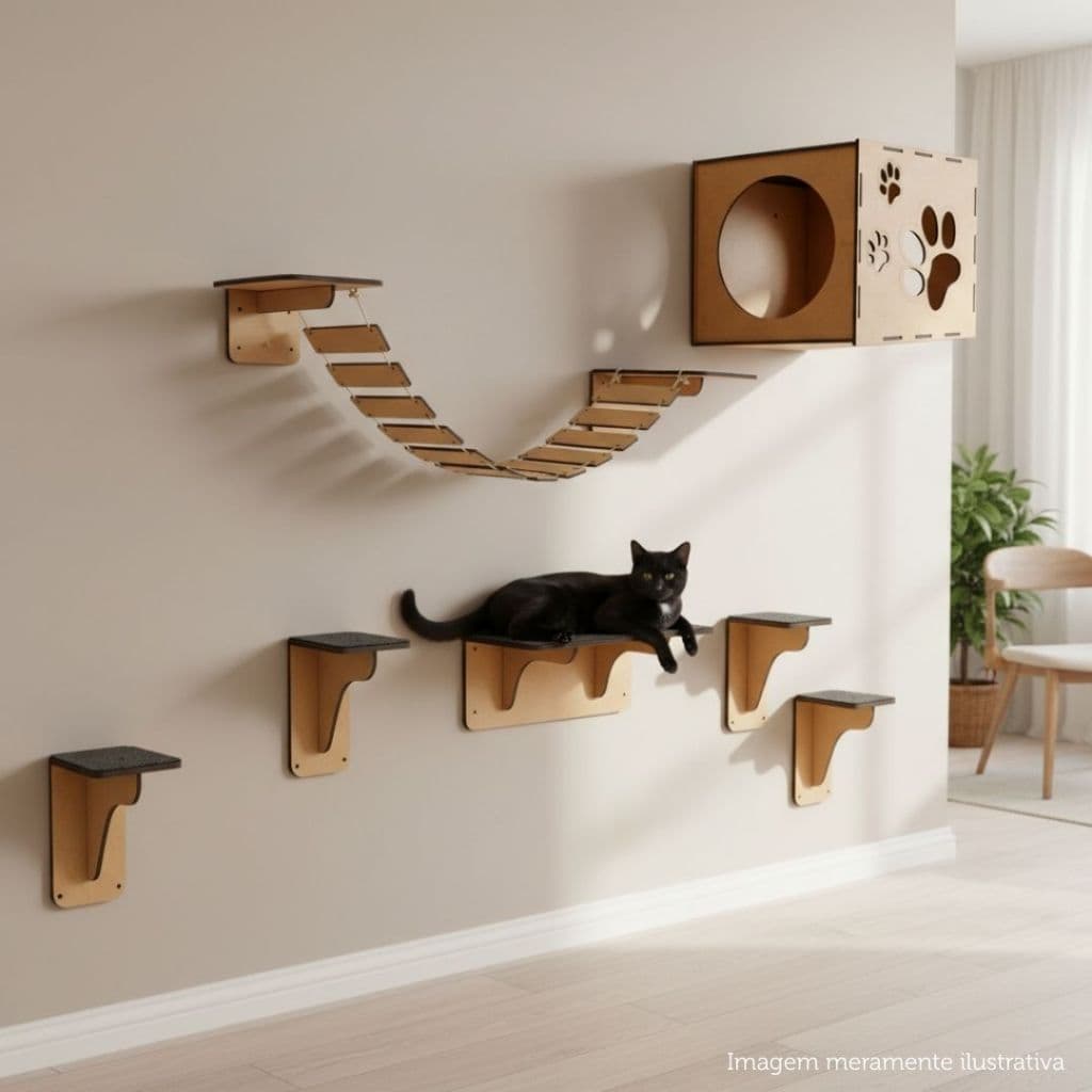 Kit Playground De Parede Para Gato MDF 7 Peças Incluso Nicho Prateleira Ponte Degraus Para Escalada