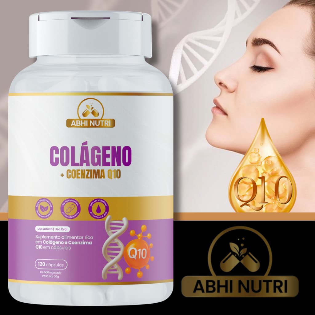 Colágeno + Coenzima Q10 -120 Cápsulas de 500 mg - Kits Com 1, 2 e 3. ABHI Nutri