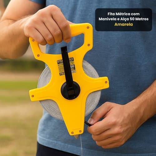 Fita Métrica Trena Manual 50 Metros Alta Precisão Resistente Amarela Profissional