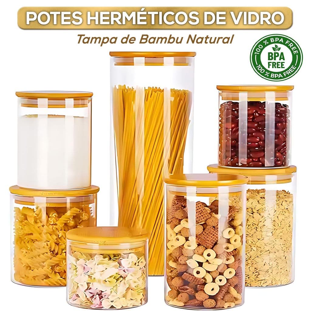 Kit Potes de Vidro Herméticos Liso 800ml com Tampa de Bambu Frascos empilháveis Organizador