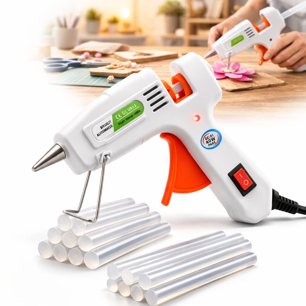 Pistola Cola Quente Pequena 20W Bivolt Bico Fino + 10 Bastões Cola 7mm Para Artesanato Reparos