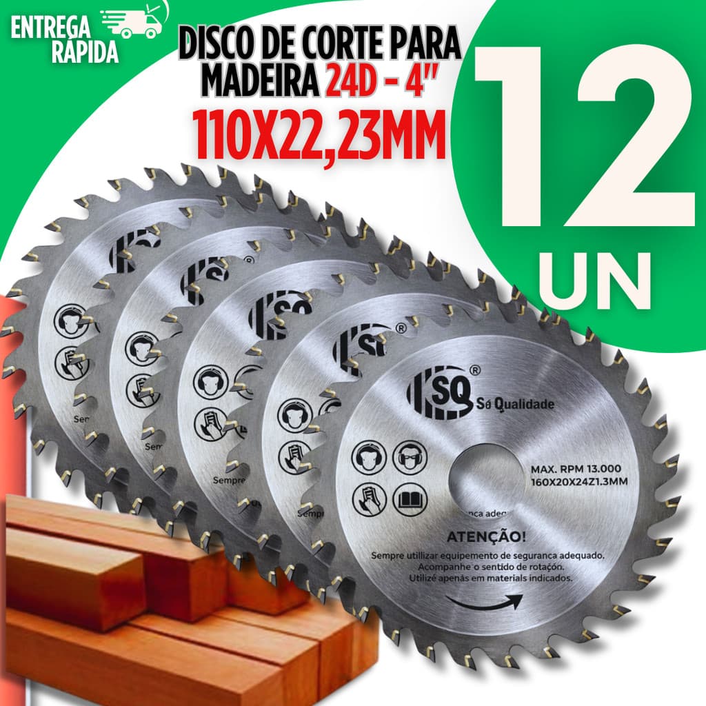 Jogo 12 Disco Corte Madeira 24 Dentes 110x22,23mm Serra Circular 4" Esmerilhadeira Profissional
