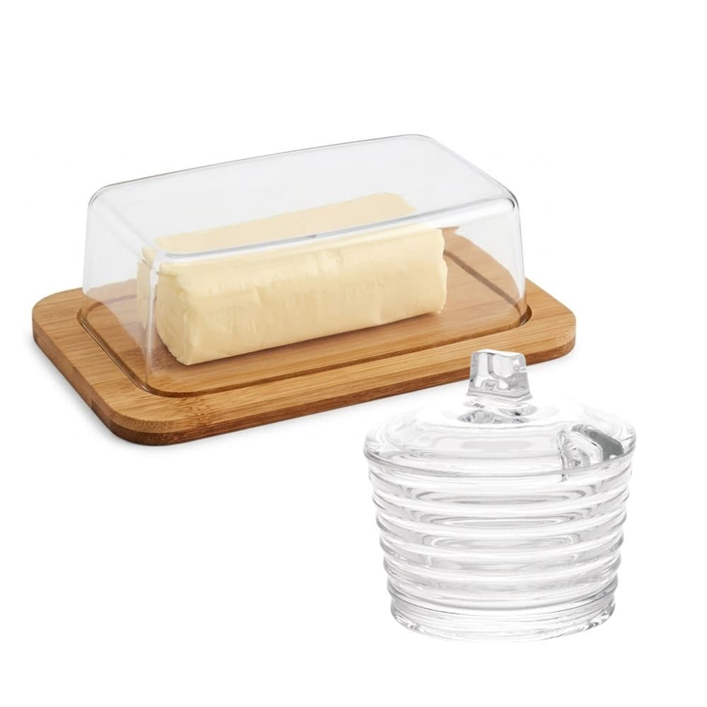 Kit Manteigueira de Bambu com Tampa de Acrílico e Açucareiro Cristal de Colmeia Lyor