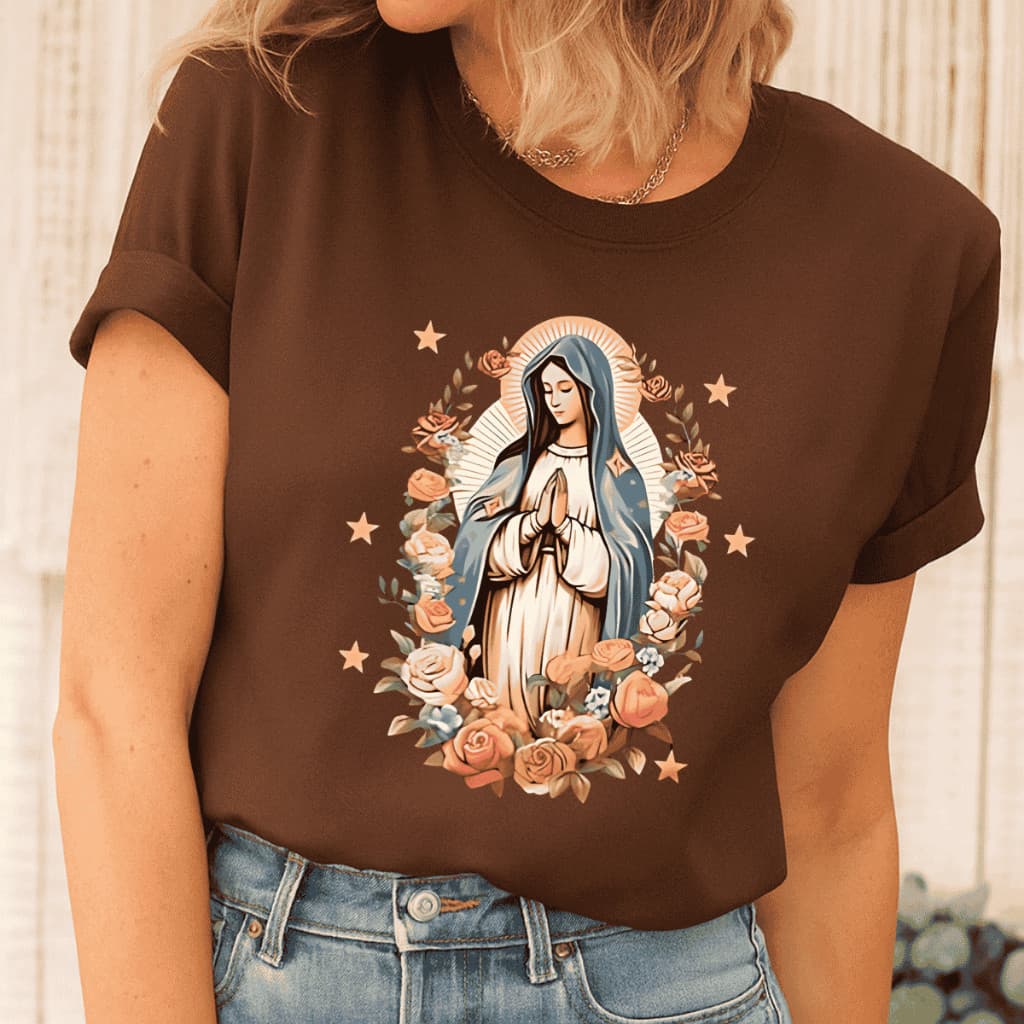 Camiseta Feminina Camisa Reforçada com Estampada Virgem Maria em Algodão promocao liquidacao