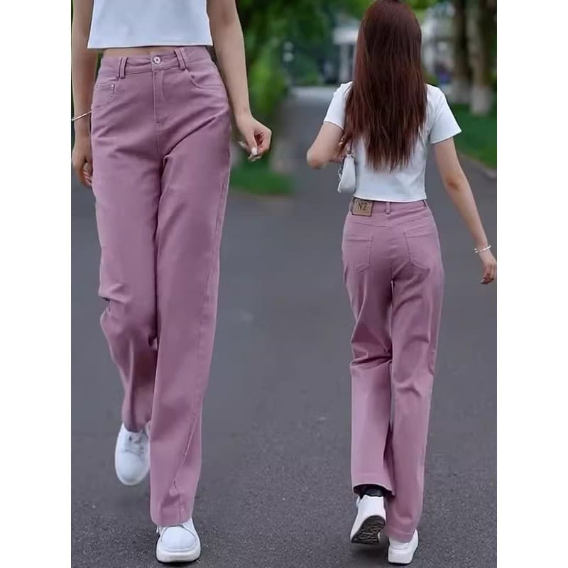 Calças rosa femininas primavera outono 2025 novo estilo em linha reta Casual calças femininas mais magro olhar Jeans cin