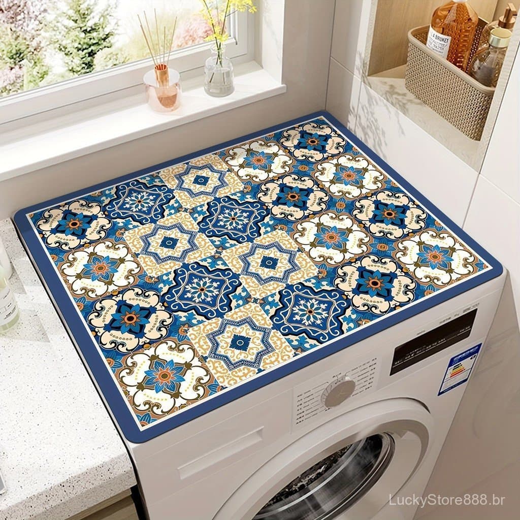 Tapete de máquina de lavar com padrão de azulejo retrô - antiderrapante, antipoeira, secagem de cozinha e outras finalid