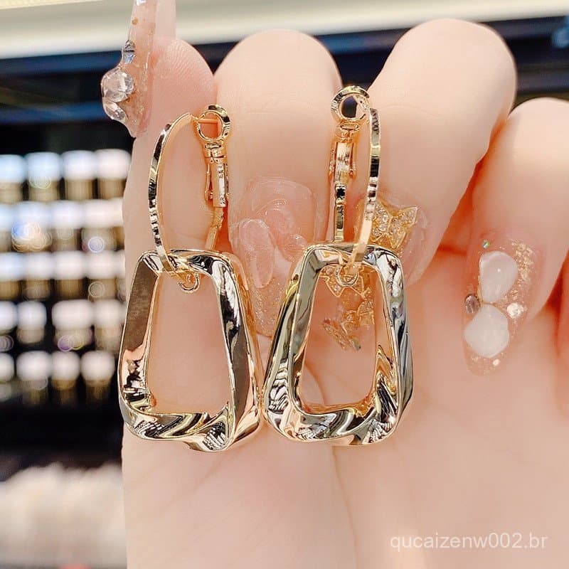 Brincos de Metal Quadrado Torcido para Mulheres, Joias de Prata s925