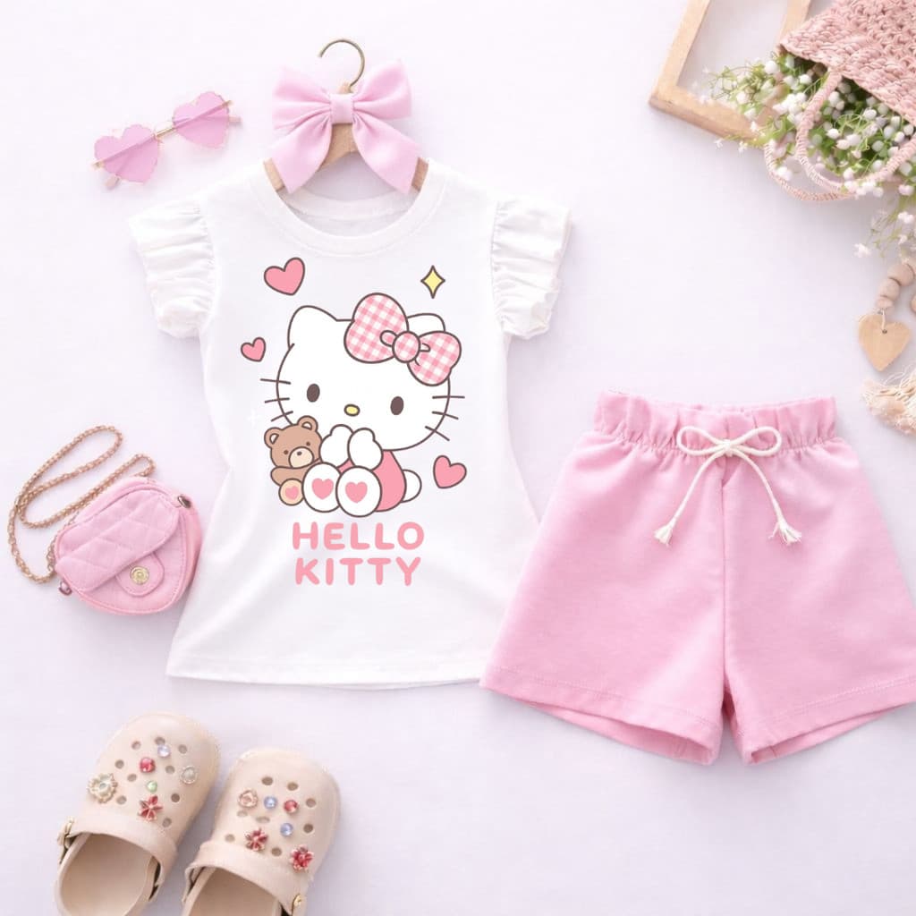Conjunto Infantil Menina Blusa Babado Branca Blogueirinha Estampa Hello Kiity + Short Rosa Roupa Infantil Fashion