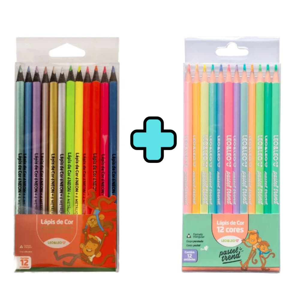Lápis de Cor 12 Cores Pastel Trend+ Lapis De Cor Especial 12 Cores Neon/Metalicos-Kit 2 Caixinhas papelaria