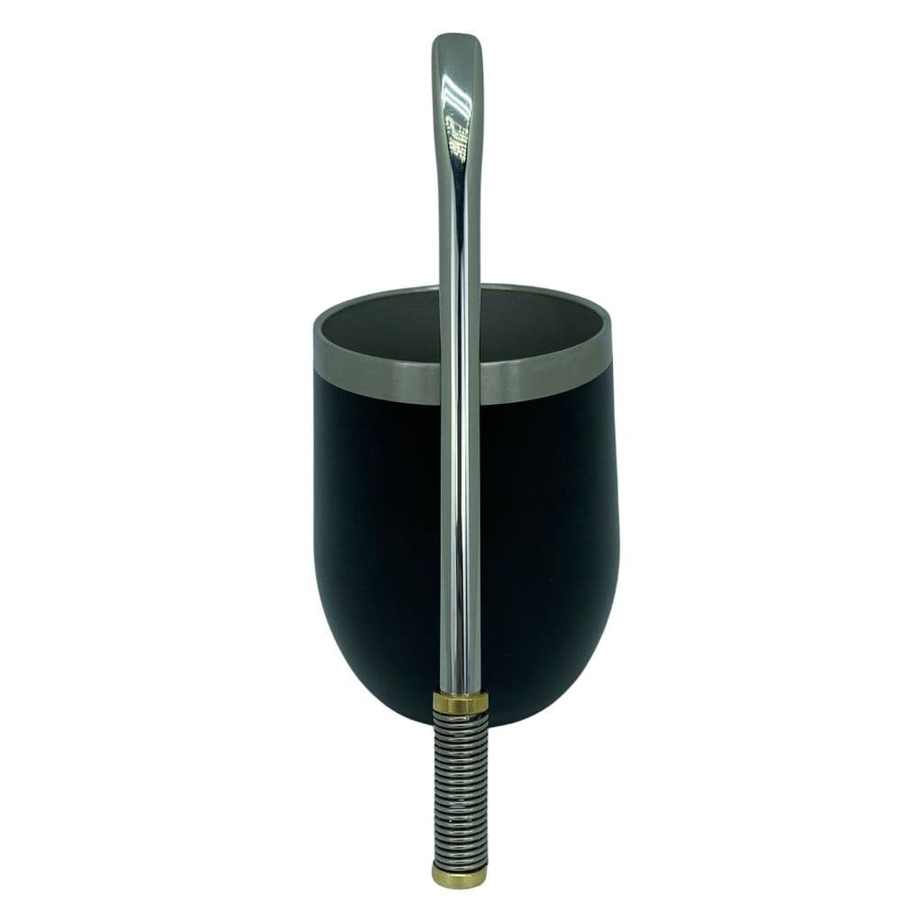 Kit tereré copo cuia térmico 350ml parede dupla inox preto + bomba mola com rosca desmontável prata + escova higiênica