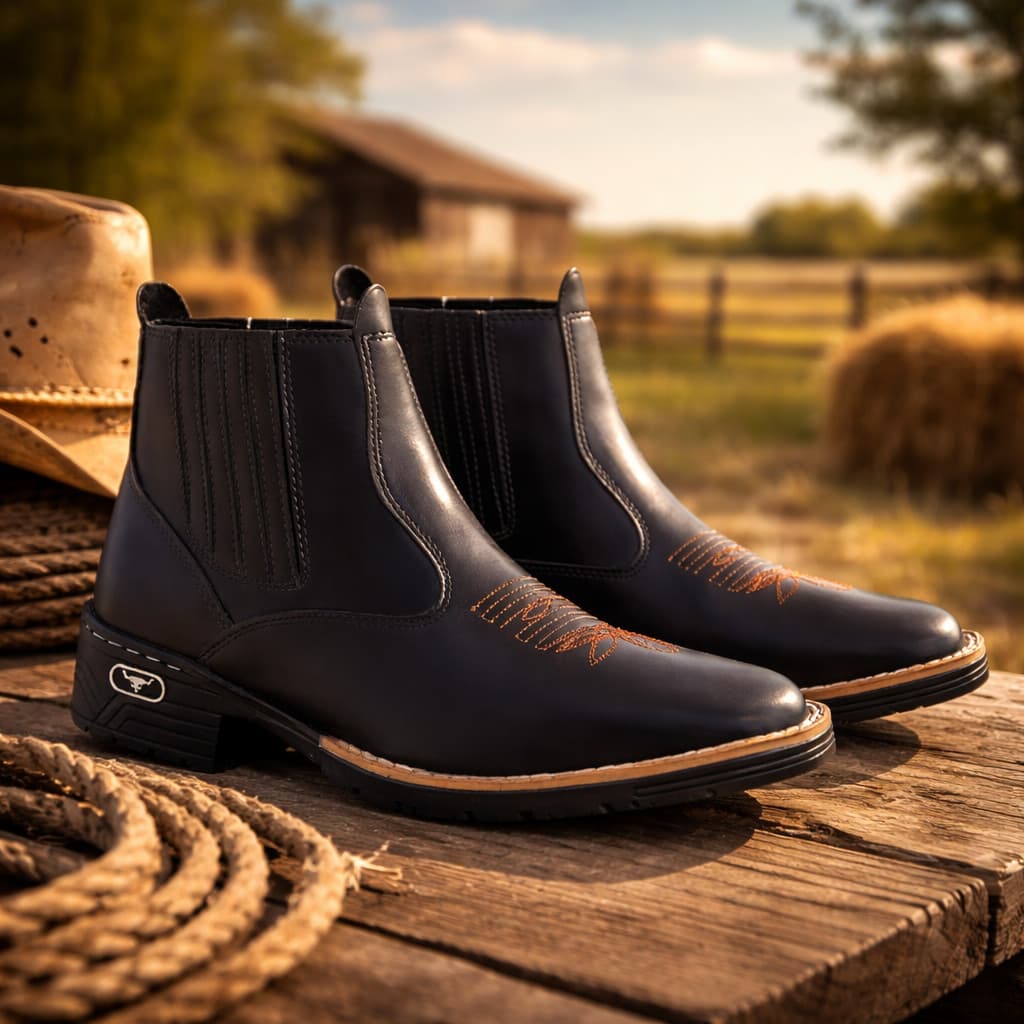 Bota Texana Masculina Country Rodeio Couro Eco Conforto Alto Estilo Chelsea Cano Curto