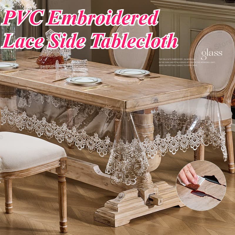 Toalha De Mesa Lateral De Renda Bordada , Quadrada De Pvc Estilo Pastoral Moderno É À Prova D'água E De Óleo , Adequada