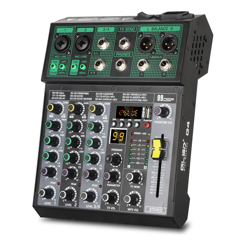 Mesa De Som Glsd Profissionais G4 Com 4 Canais Interface Bluetooth 99 Efeitos Usb Pc 48v 127/220v