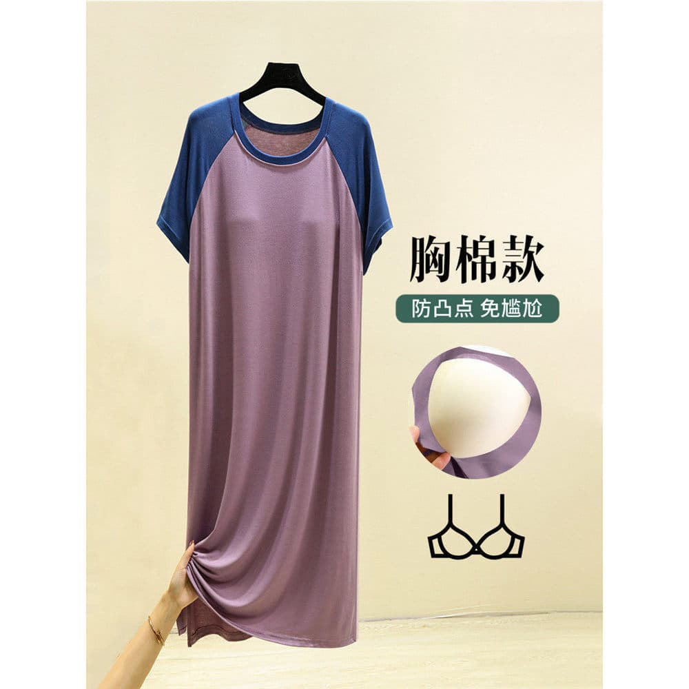 Camisola Modal feminina de verão com almofada no peito, sutiã de uma peça, cor combinando, manga curta, pijama fino, ves