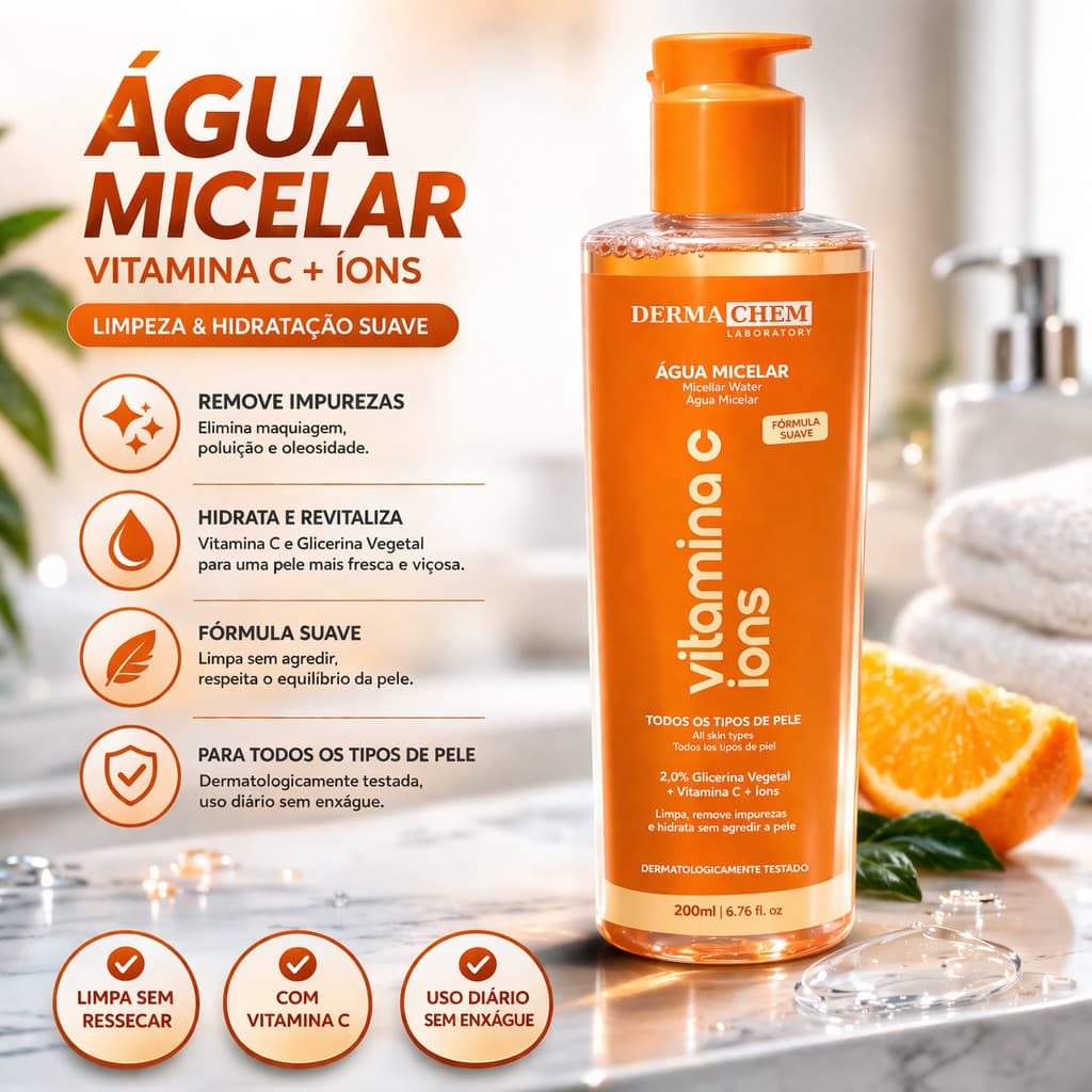 Água Micelar Vitamina C Dermachem Limpeza, Hidratação - Remove Maquiagem - 250 ml