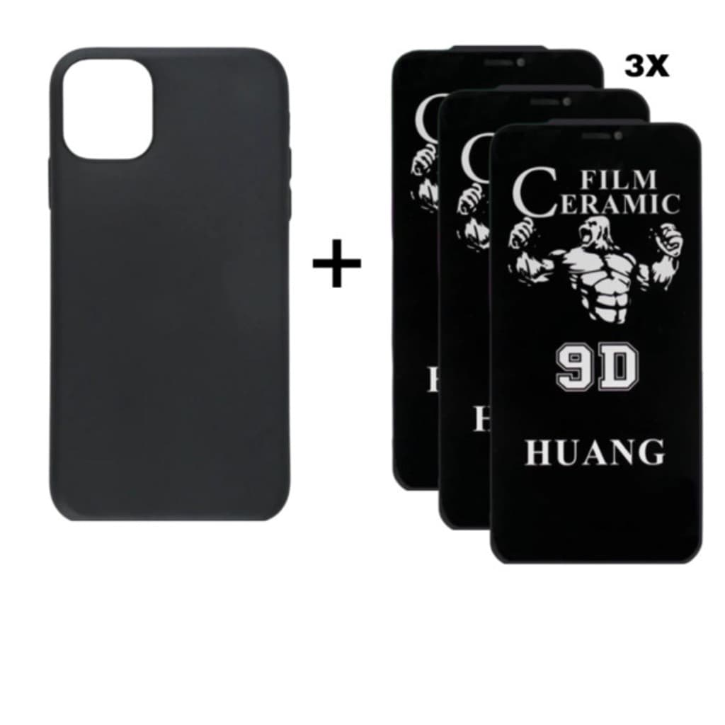 Kit 4em1 Case Preta + 3X Película Cerâmica Privacidade iPhone 11 12 13 14 15 16 Pro Max | Conecta Tech