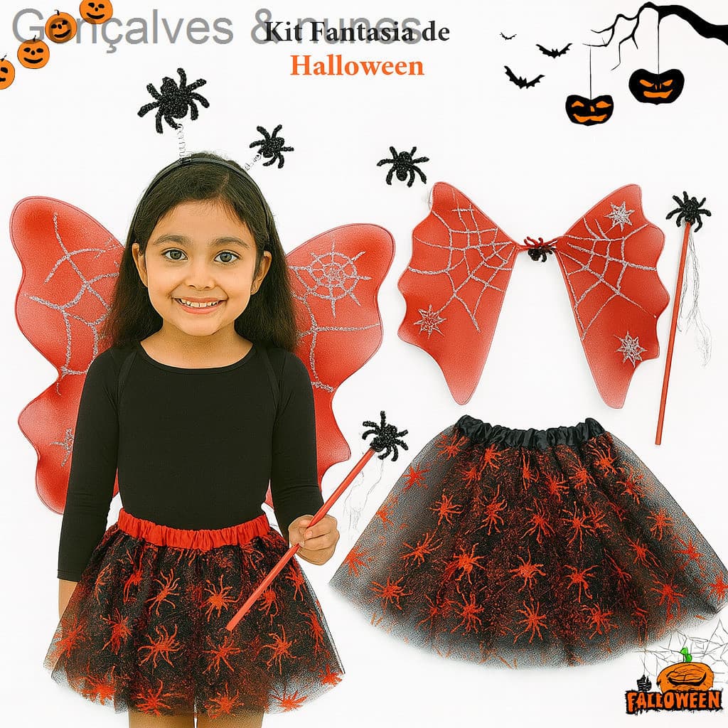 (V)Fantasia Infantil Halloween Aranha Vermelha com Asas e Varinha – Saia 30cmOIMX