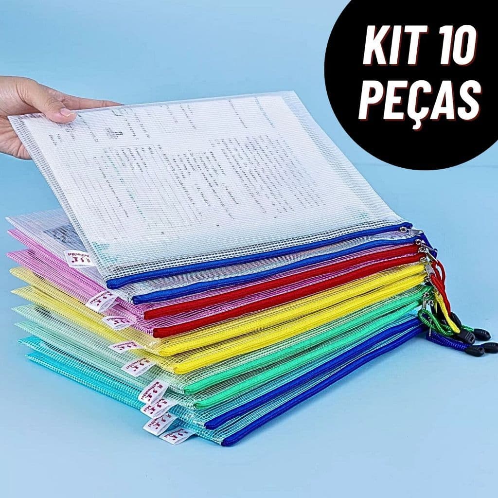 Kit Pasta A4 De Plástico Multiuso Com Zíper Cores Sortidas
