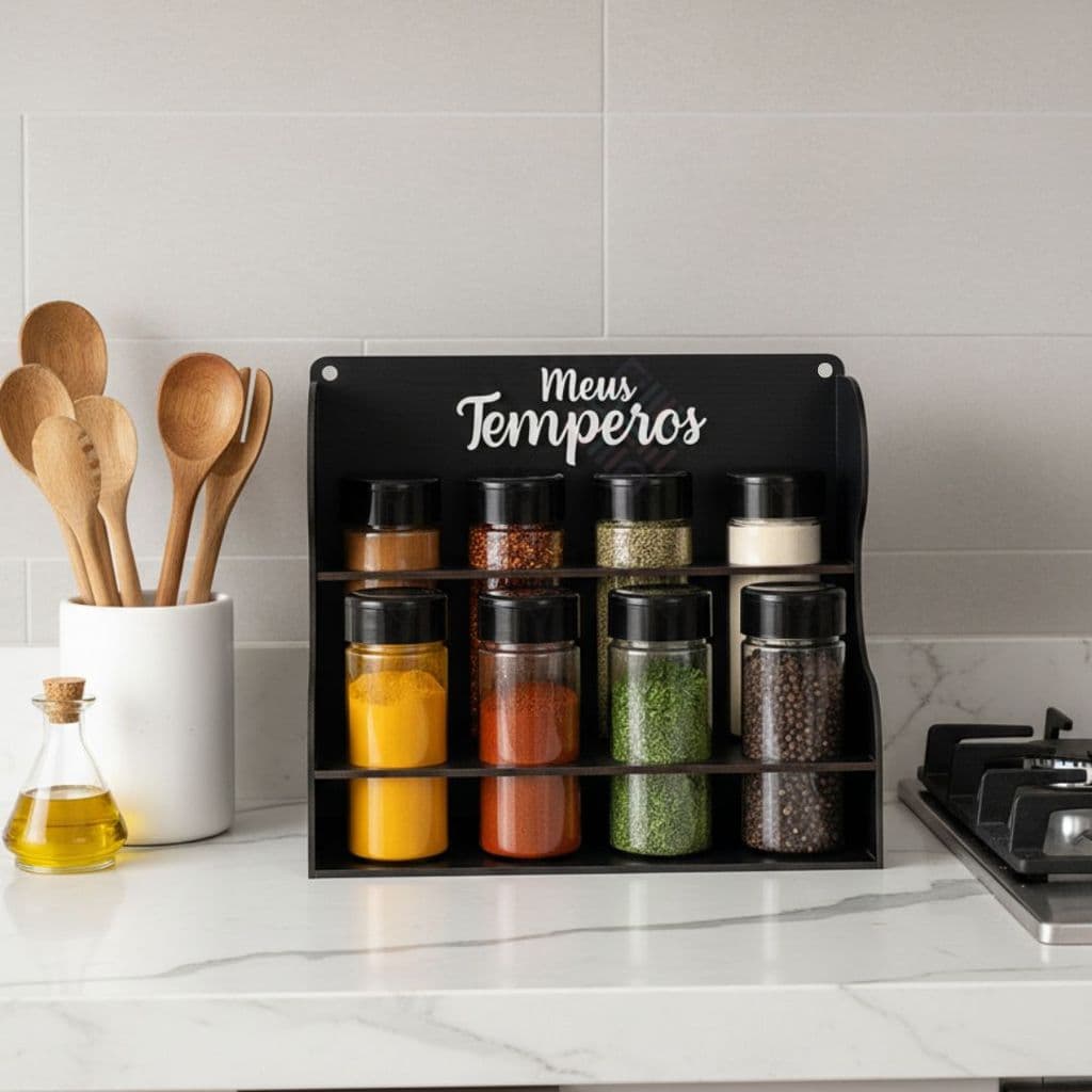Porta Temperos Suporte para Condimentos MDF Organizadores para Cozinha Até 8 Potes tempero