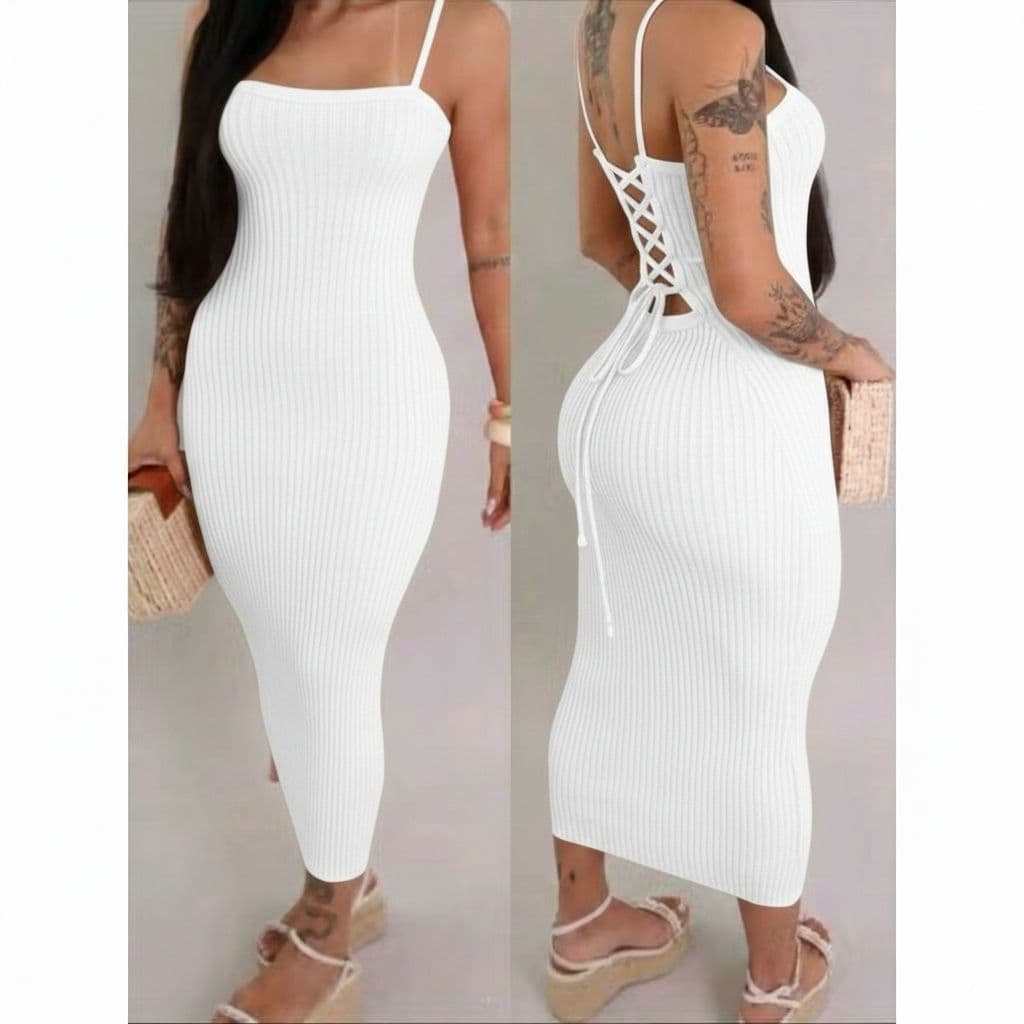 Vestido Trançado nas Costas Midi Tricot Modal Canelado tricô Tendência Verão