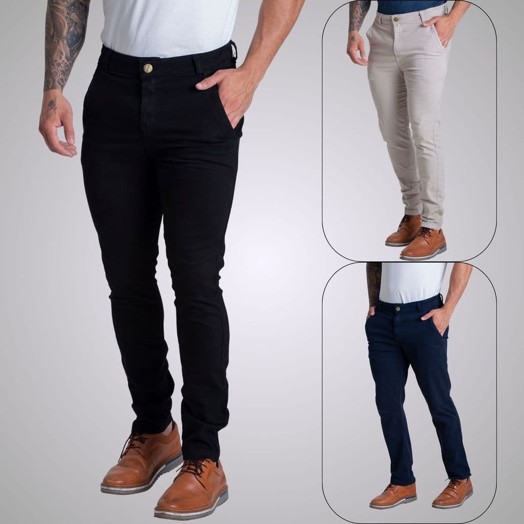Kit 3 Calça Social Sarja Brim Casual Com Elastano Masculina