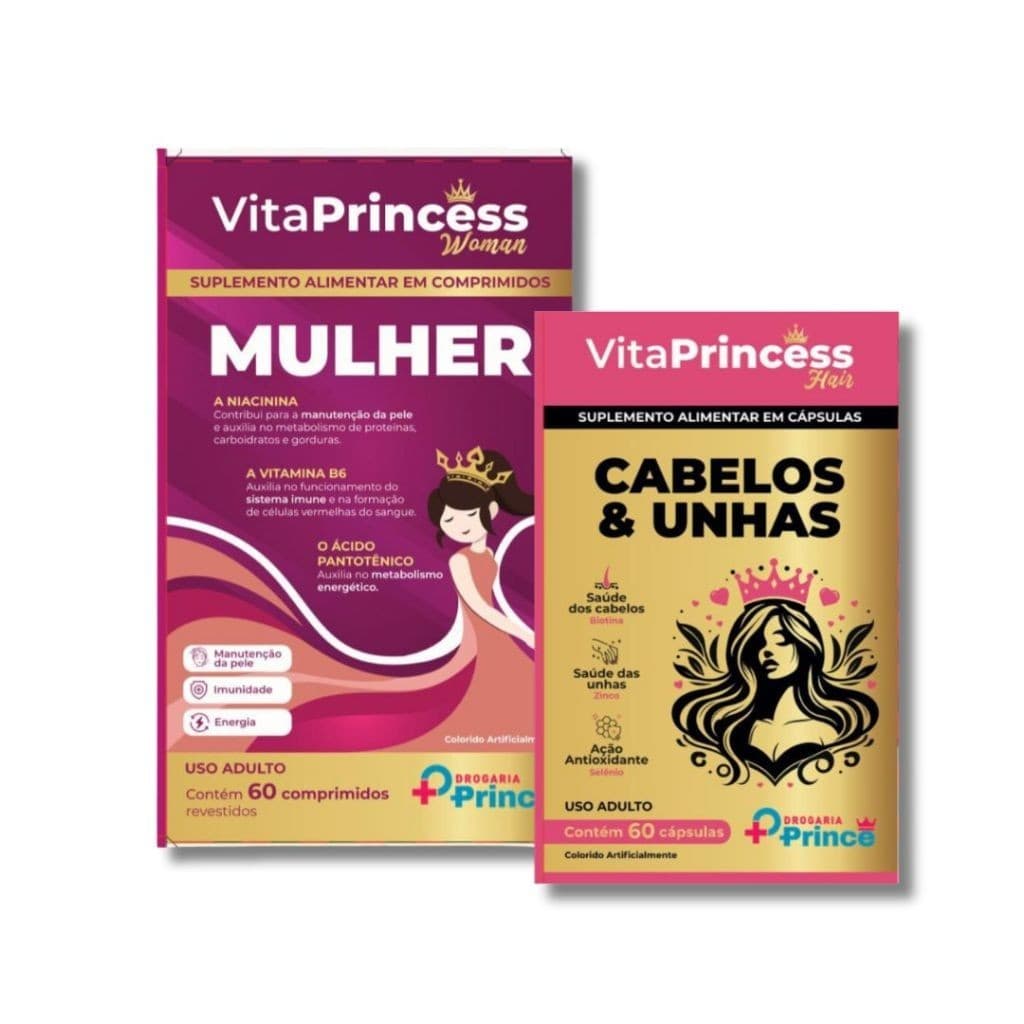 Combo VitaPrincess Mulher + Cabelos e Unhas - Biotina, Zinco e Vitaminas - Kit Vitalidade e Beleza