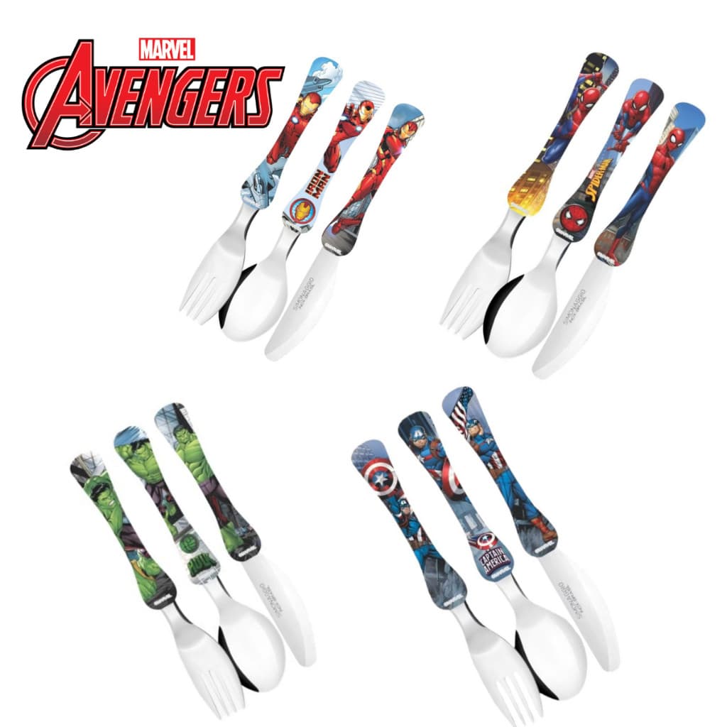 Kit 3 Talher Infantil Heróis Vingadores Homem Aranha Hulk Homem de Ferro Capitão América
