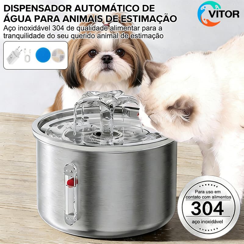 Fonte de Água Automática para Pets 2L em Aço Inoxidável Silenciosa com Janela de Nível para Gatos e Cães VITOR