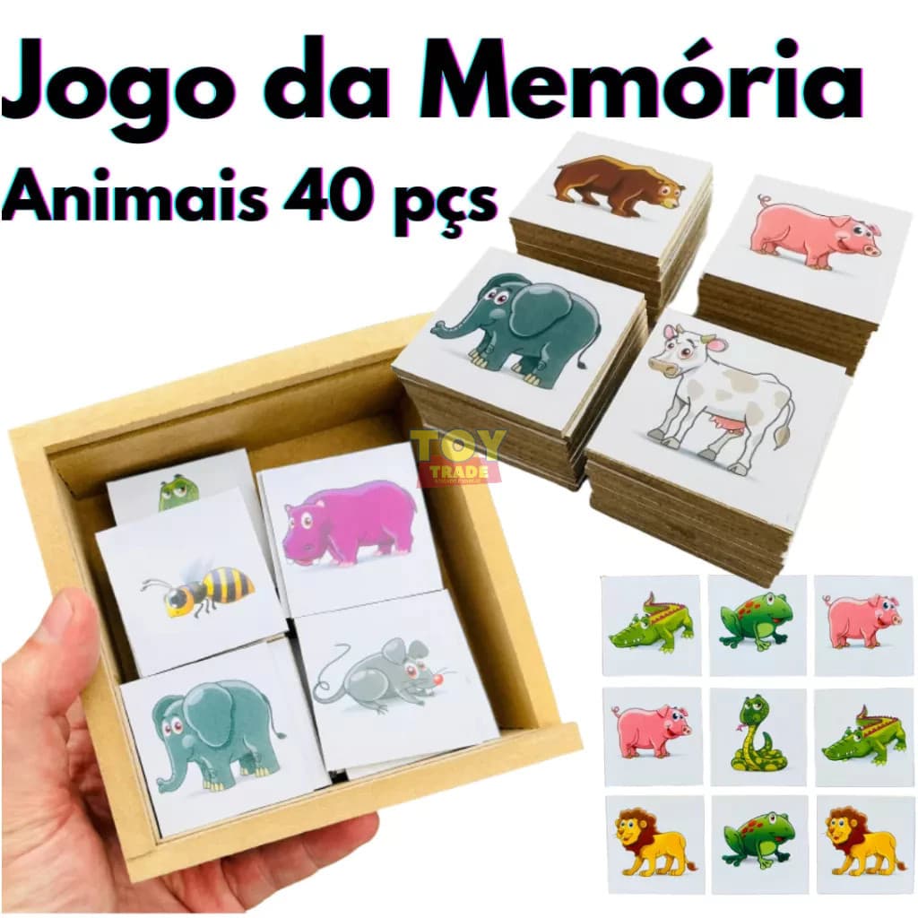 Jogo da Memória Animais com 40 Peças em Madeira – Toy Trade Educativo para Concentração