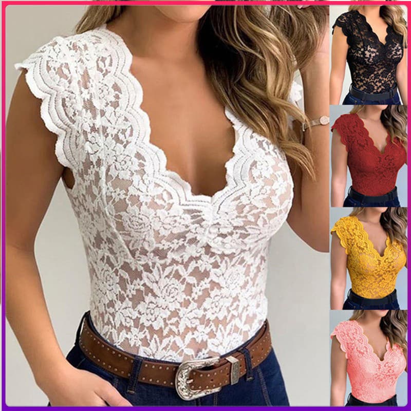 Nova Moda Verão Camisa Feminina De Renda Transparente Casual Topos Plus Size Manga Curta Profundo Decote Em V Temperamen