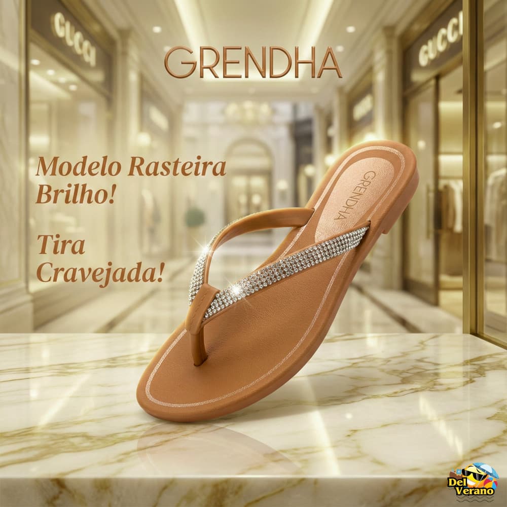 Chinelo Rasteira Grendha Brilho Tira Cravejada Feminina