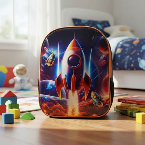 Mochila Escolar Infantil Costas Creche Passeio 3d Pequena Preto/laranja Foguete