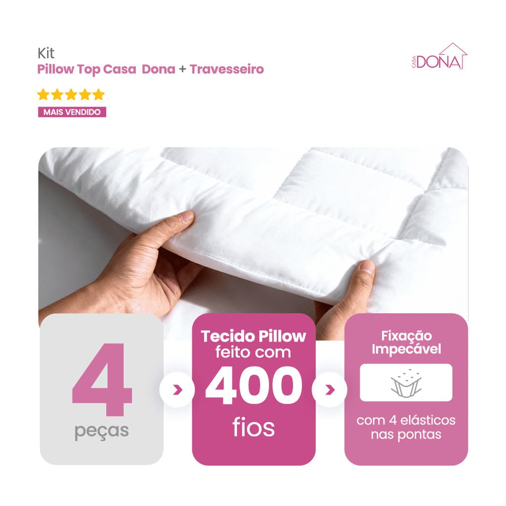 Kit 2 Pillow Top Protetor de Colchão Casa Dona 400 Fios Hipoalérgico Super Macio Com 2 Travesseiros
