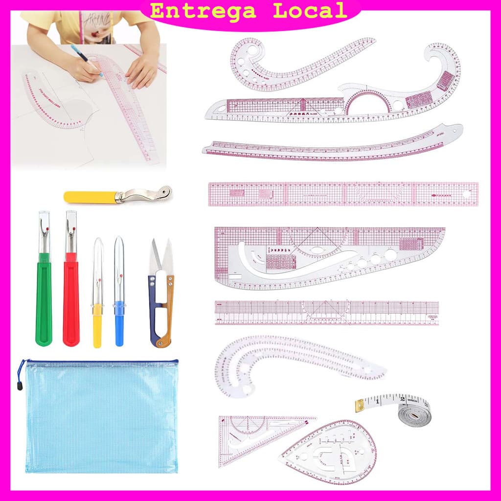 Kit 17 peças régua curva francesa transparente, molde para modelagem, costura e desenho