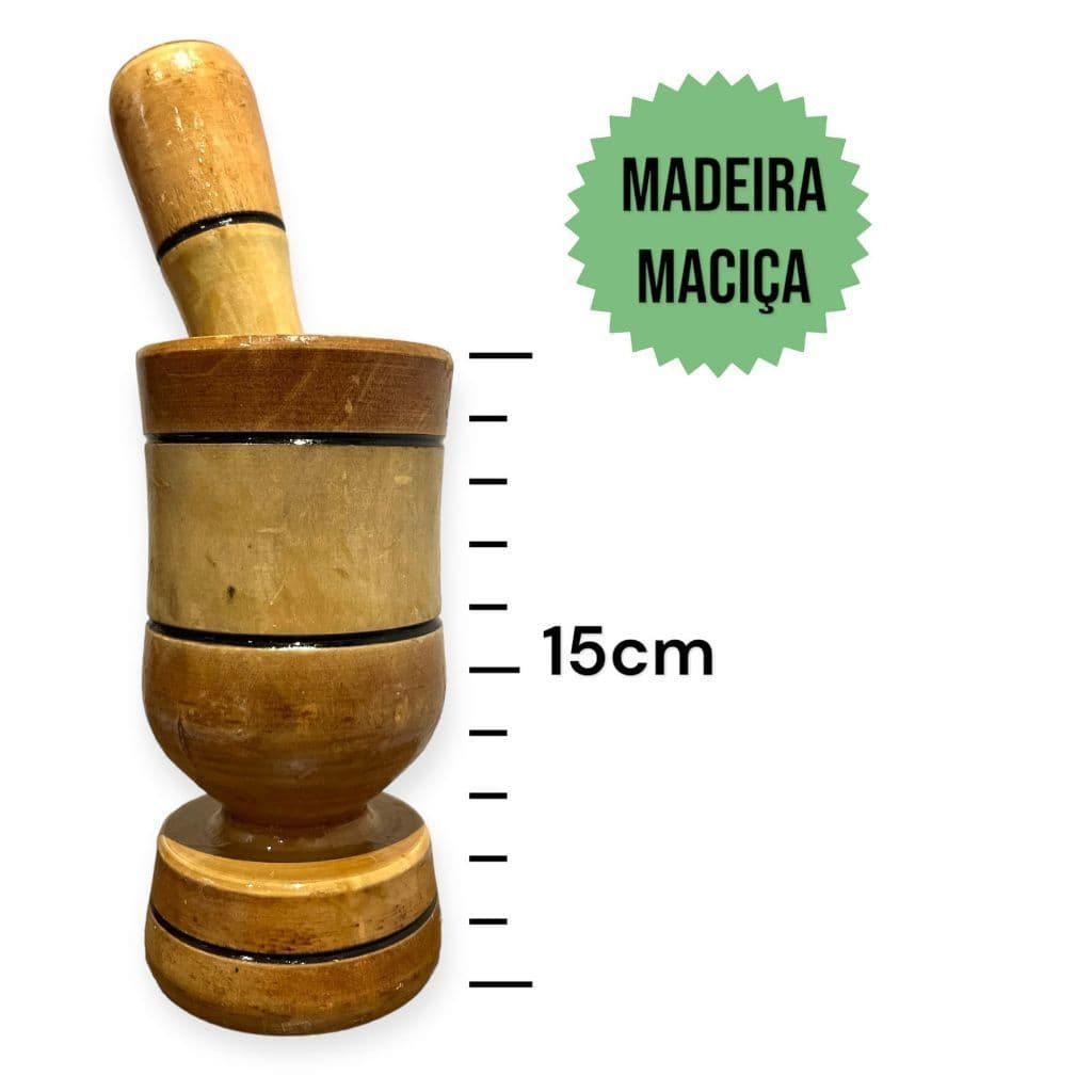 Pilão Madeira Envernizado 15 CM Socador de Alho Temperos Pimenta Cozinha Domestico Restaurante Bar