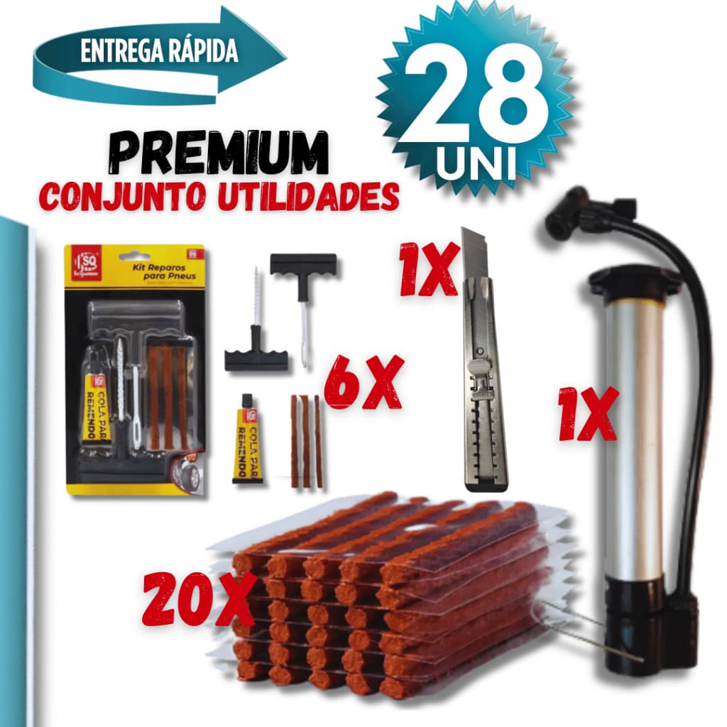 Jogo com 28 Peças - 06 Peças Reparo Pneu sem Camara para Carro e Moto + 20 Peças Refil + 1 Bomba de ar + 1 Estilete