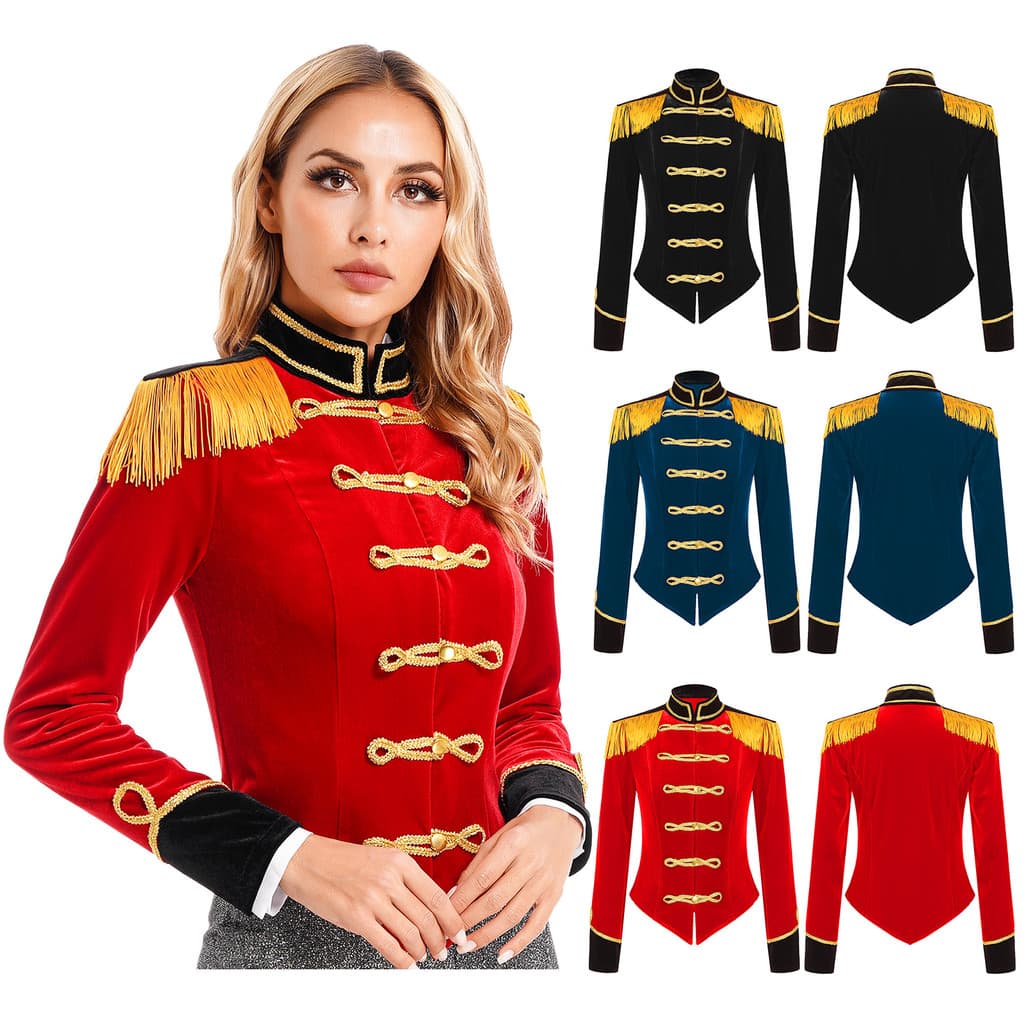 inhzoy Womens Circus Ringmaster Costume Halloween Cosplay Costume Stand Collar Fringed Shoulder Board Velvet Jacket Coat