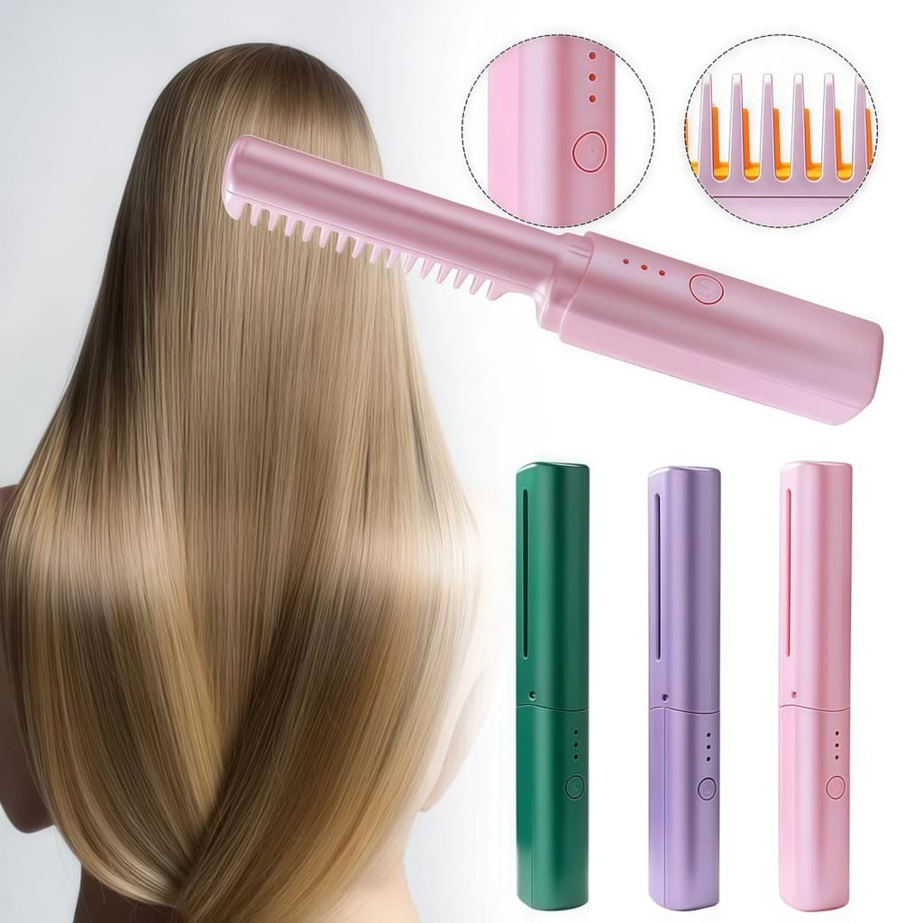 Escova Alisadora Feminina Mini Chapinha Portátil Sem Fio Recarregável Pente Aquecido USB