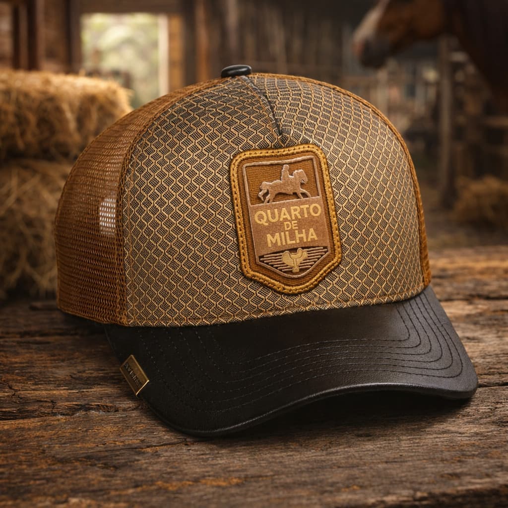 Boné Trucker Country Masculino Feminino Cavalgada Rodeio Bordado Aba Curva Sela de Ouro Premium